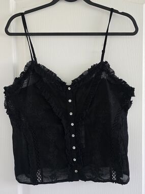 Zara Black Button-Front Ruffle Cami Cotton